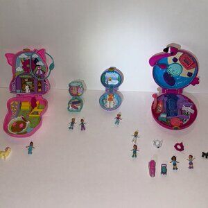 Polly Pocket Compact Lot Flamingo Piggy Pollyville Snow Cabin, Doll More Vintage